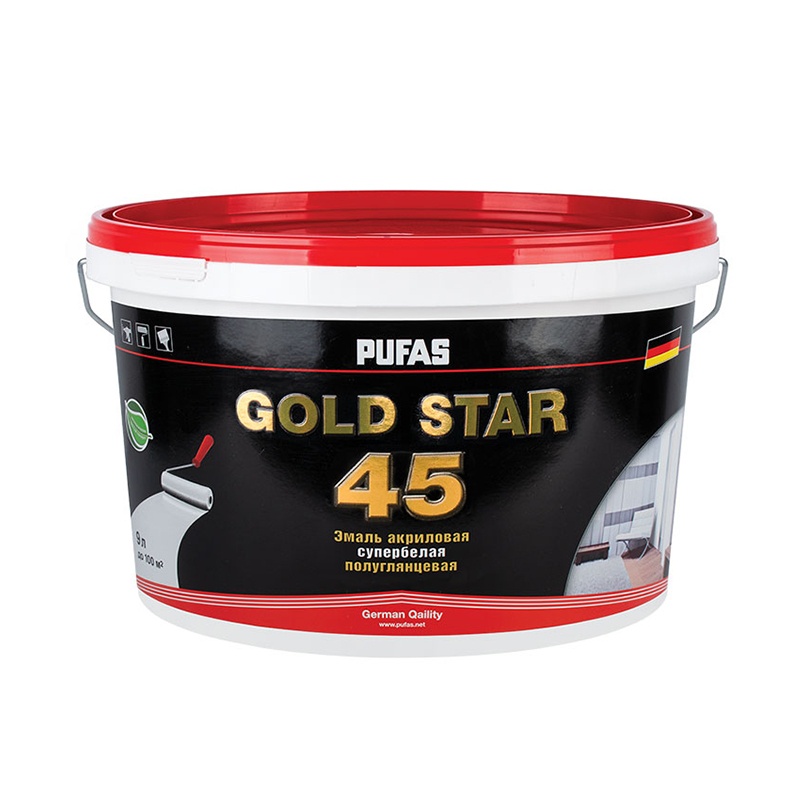 Эмаль акриловая супербелая Pufas Gold Star 45 п/глянц. мороз. (9 л)
