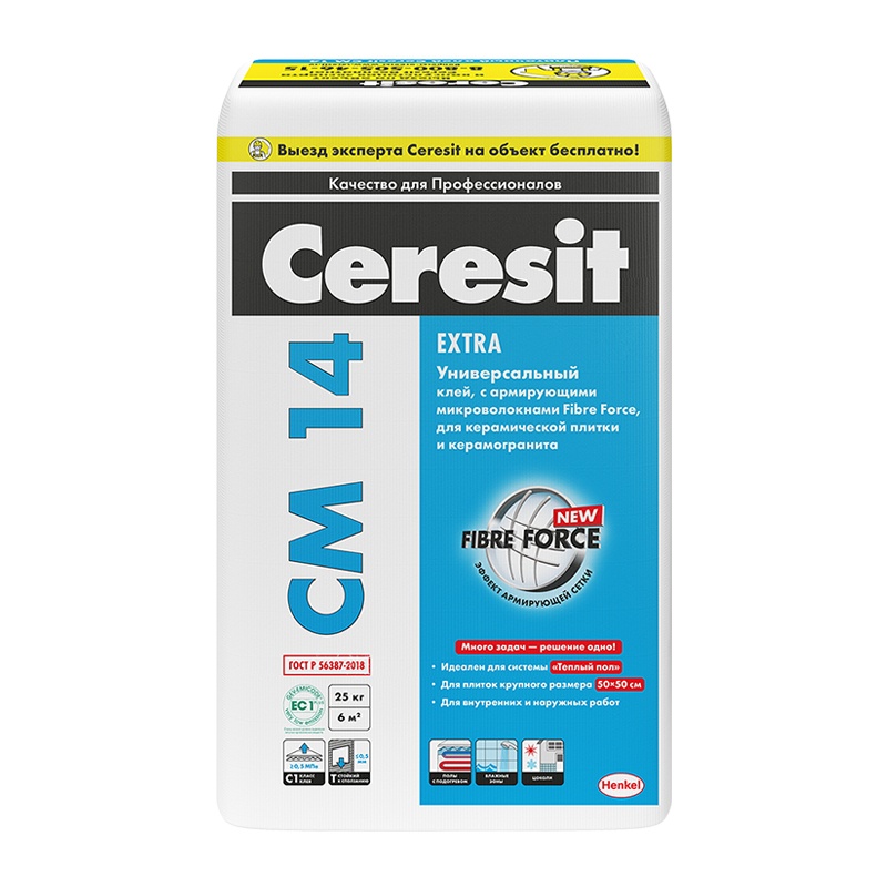 Клей для плитки, керамогранита и камня Ceresit CM14, 25 кг